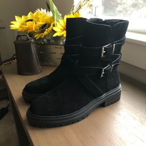 Vince Camuto black suede buckle strap boots New 8